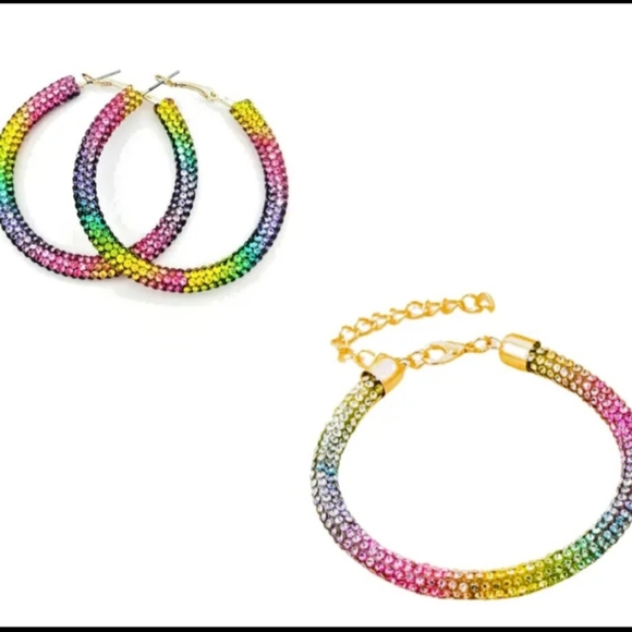 Hoop Earrings & Bracelet Set Pave Crystals Rainbow Iridescent - Picture 11 of 15